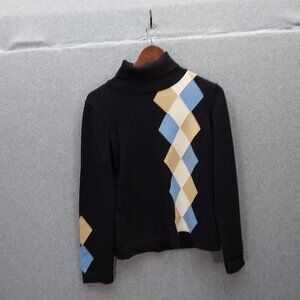 Liz Claiborne Argyle Pattern Turtleneck Sweater Black Blue Beige Size S